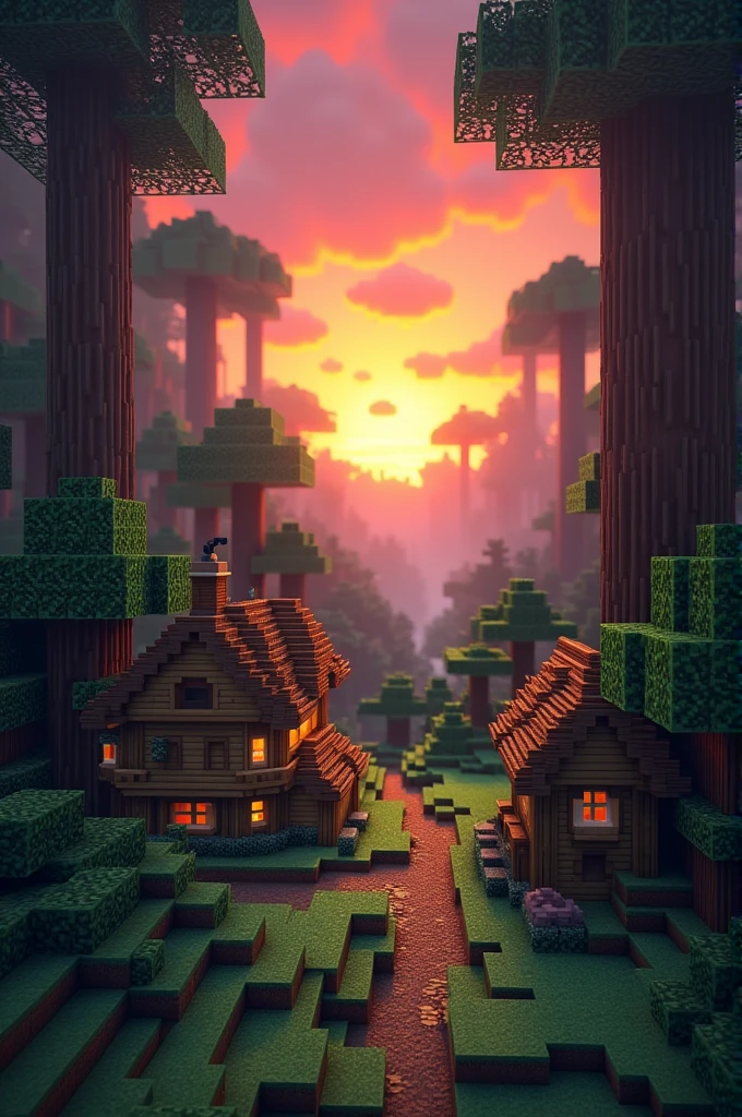 Minecraft sunset in village dark forest 