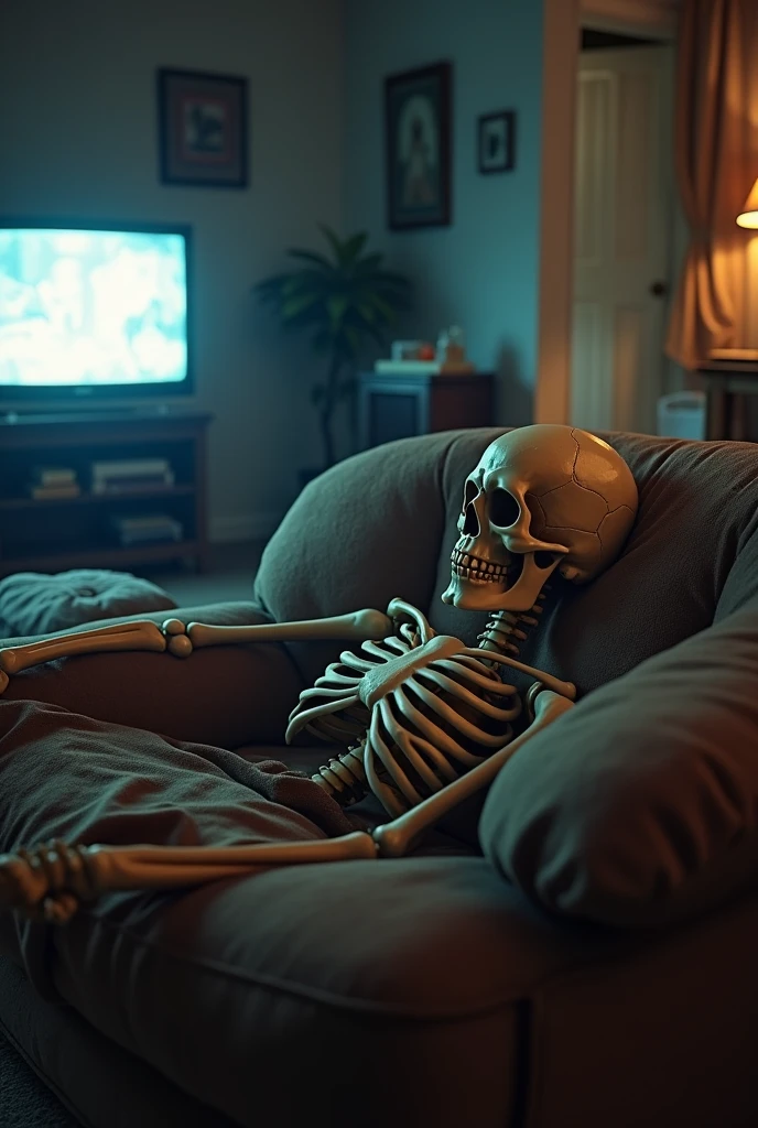 A skeleton watching tv The interior of a 1980s suburban home in Los Angeles, perfect for a sitcom setting. The living room is the heart of the house, featuring wood-paneled walls, a large brick fireplace, and a plush, floral-patterned sofa set. A vintage tube TV sits on a wooden console, surrounded by VHS tapes and a few family photos in mismatched frames. The coffee table is cluttered with magazines, a rotary phone, and a remote. The kitchen, just off the living room, is a blend of retro charm and functionality with colorful linoleum flooring, wooden cabinets with brass handles, and harvest gold appliances. A round dining table with cushioned chairs sits near the window, where a set of sheer, lace curtains allows sunlight to filter in. The walls are decorated with a mix of floral and geometric-patterned wallpapers, adding a touch of the era’s bold style. The hallway leads to bedrooms with plush carpeting, featuring more wood accents, such as a full-length mirror with a wooden frame and family portraits lining the walls. The overall atmosphere is cozy and lived-in, with a sense of warmth and nostalgia, making it the perfect setting for the daily life of a sitcom family.