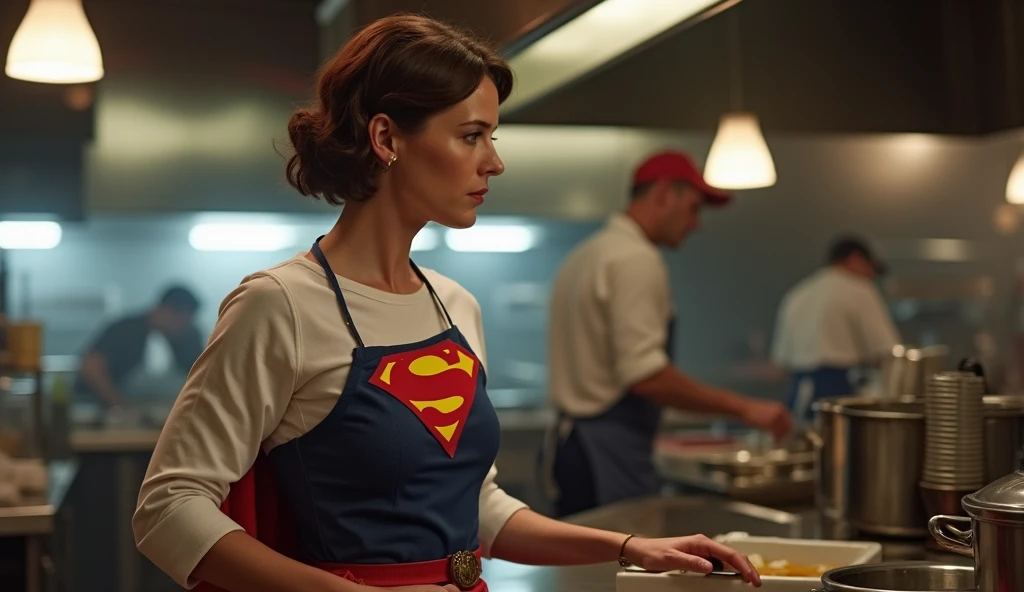 Restaurant kitchen; beautiful 50-year-old woman ((cook's uniform, covering her Supergirl uniform)), woman moving discreetly, attentive to something I heard in the distance; looking up)), woman (((big breasts, strong arms;)), brown hair, 50-year-old, big strong breasts, taking off her apron, pretty, (((taking off apron, moving hair))), listening to something in the distance, wearing formal clothing that hides her discreet Supergirl uniform (((giant and menacing meteor uniform faithful/identical to Helen Slater's 1984 Supergirl movie costume))); HD photography, ((realism)), very high quality RAW photography, ultra detailed photography, sharp focus, high resolution, (detailed skin: 1.3), high quality, film grain, Fujifilm XT3, highly detailed, film, (Cinematic photo: 1.3) of (Realistic: 1.3);  