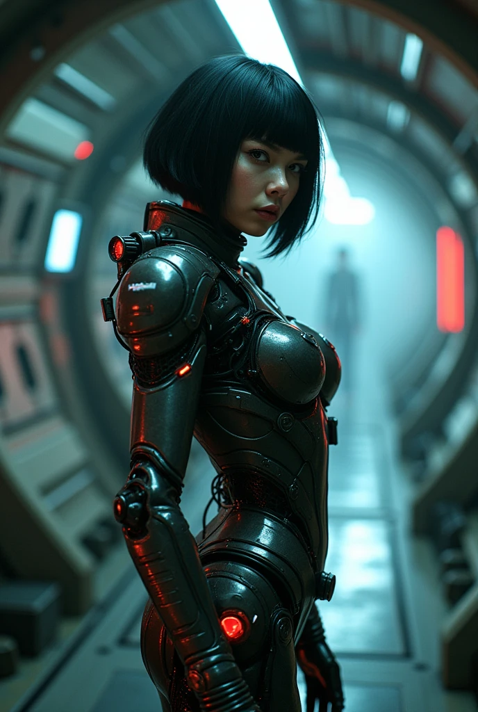 Beautiful cybernetic girl, looks like Ava Gardner, Curvy, gorgeous figure, with blue short curly hair, size 3 breasts, Futurism, ciberpunk, steampunc, dressed in a black and white latex shiny futuristic suit with spacesuit elements, exquisite erotica, sits with its back , looks out the window, inside a futuristic car, a futuristic city is visible from the window, night time, neon lights, cinematic quality, Masterpiece, high-quality photo