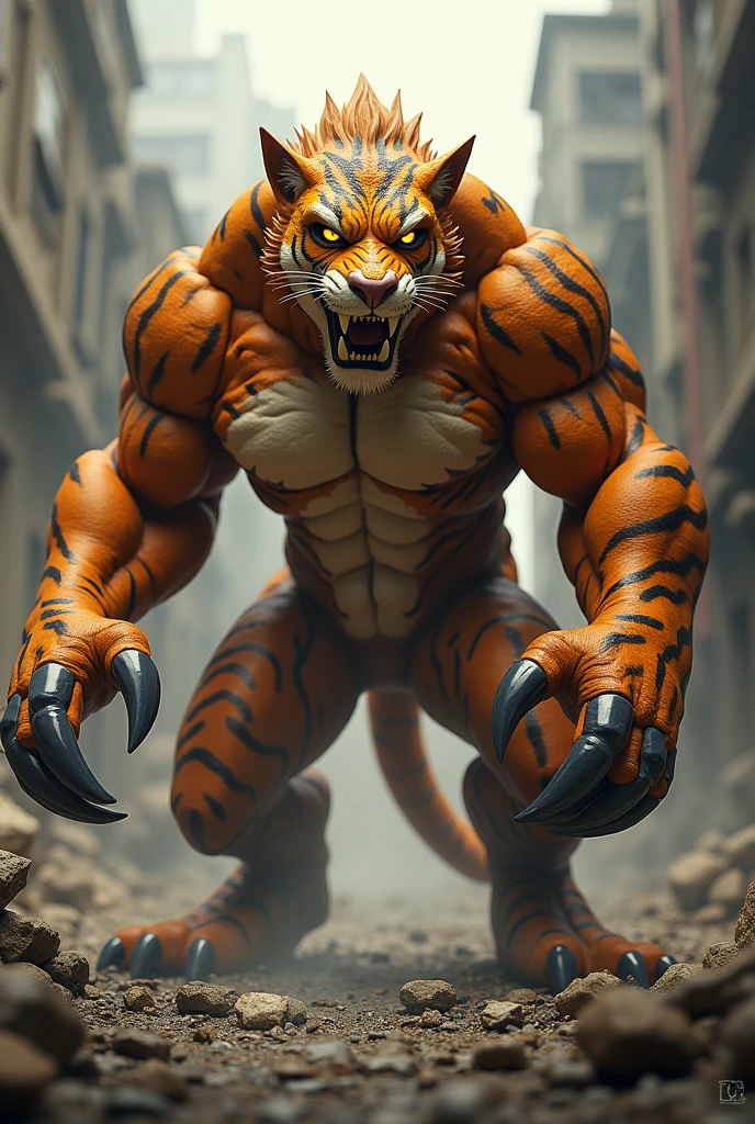 Male tiger、Shaggy fur、Ruined Background、Sharp claws on the toes、developed back muscles、Backwards pose、Very developed butt muscles、Full body tiger fur、Completely naked、Unusually large muscles、condom、Long body hair、Very long and profuse armpit hair、Thick tiger tail
