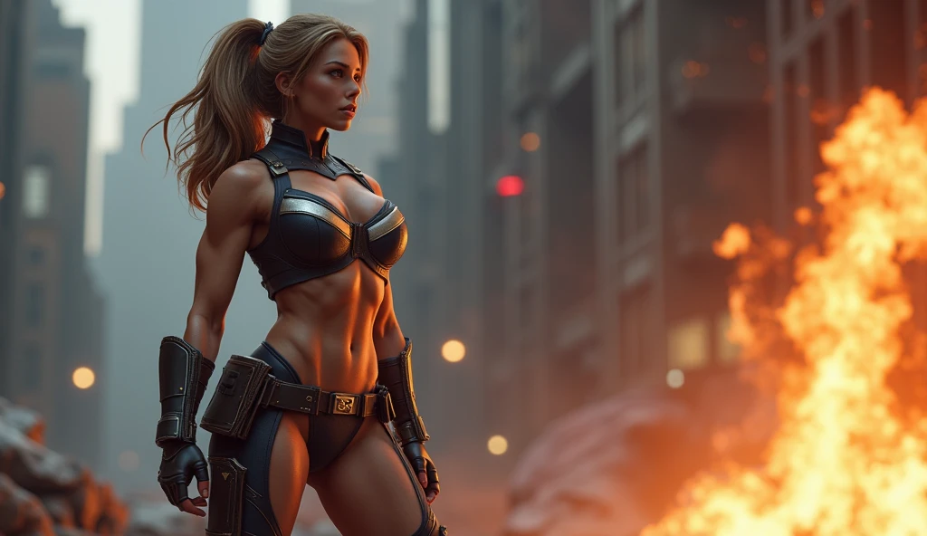 Taylor Hill version Lara Croft in deserted city destroyed apocalyptic scenery at night, well detailed, medium chest, thick legs, blonde hair, fog cinematic effect realistic style, richness of detail, ultra detailed depth of field Full HD 8K masterpiece.