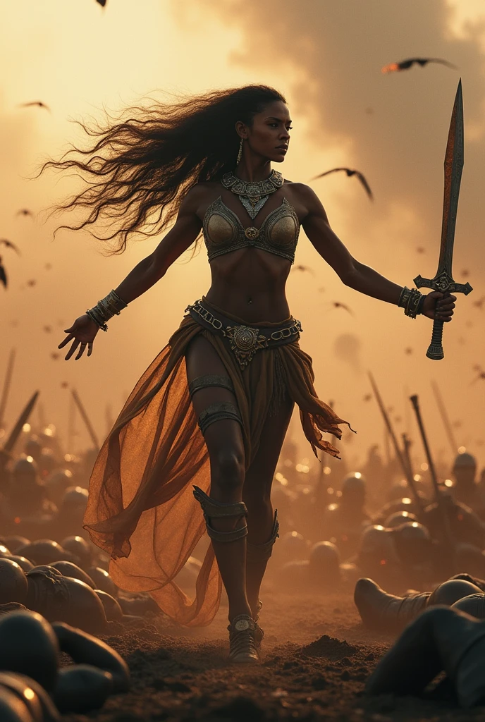 ((best quality)), ((masterpiece)), (detailed), A digital illustration of a furious queen fighting off crowd of monsters with a sword in a desert stormy setting. The woman has long black hair and is wearing a full traditional queen war attire. 