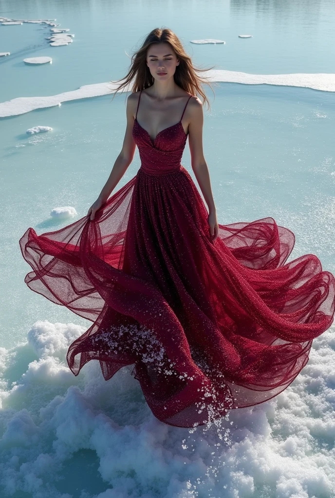 legs open, standing,  portrait photo, long dark hair, p1nk_futur3,  sparkle dress,  glittery, <lora:p1nk_futur3-07:0.6>, best quality, high detail, high quality, high res, (lake background)