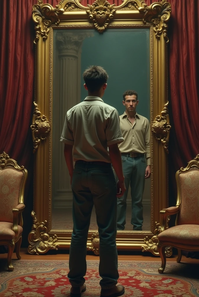 A muscular 30-year-old man
Sees in a very large mirror the reflection of a 5-year-old boy
Sad and crying
The is inside the mirror and the man outside
With a very muscular back and with wounds