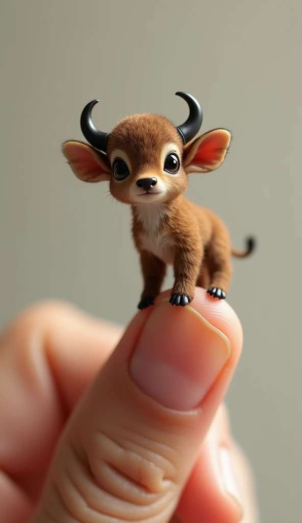 Photorealistic, 34k, A micro baby Buffalo perched on a human finger