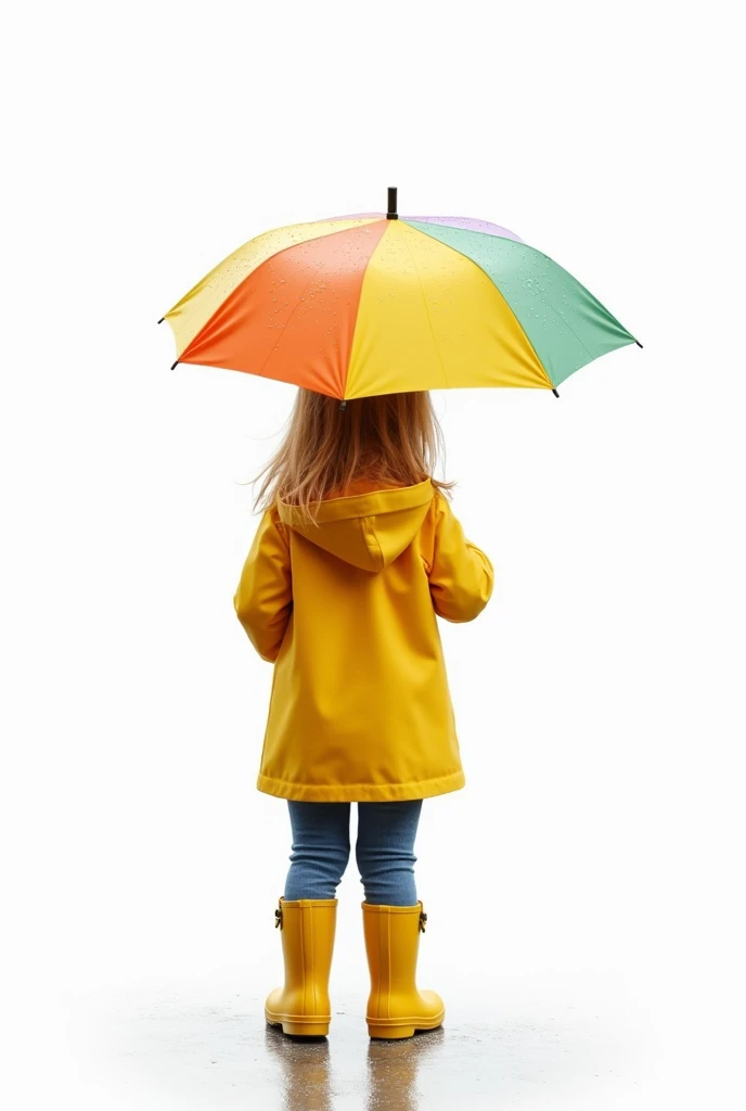 High definition and super realistic image of a cute girl having fun in the rain. She should be holding an umbrella and wearing a yellow rain jacket. We want to capture the innocence and joy of a moment like this, so please make sure the girl’s facial expression reflects happiness. The image should be detailed and vivid, capturing every drop of rain and light reflecting off the girl’s yellow jacket. We would also like to see water reflections and maybe some puddles around her. We appreciate the attention to detail.