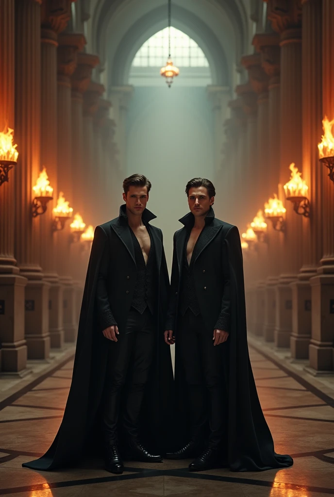 Portray a group of four tall, muscular vampires, wearing tight leather pants, showing big bulges, and black capes; they are standing around a shirtless man kneeling on the garden floor of a medieval castle, at night, in the moonlight.