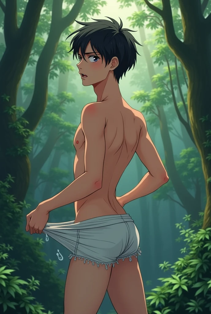 1boy, 1solo, black hair, short hair, brown eyes, hair between eyes, ash ketchum, in jeans, shirtless, black t-shirt, he'a taking his t-shirt off, pulling his t-shirt off, pulling his jeans down showing his crotch, undressing, tempting erection, eyaculate, chest hair, exhausted look after having sex, he feels an orgasm, laying in a forest