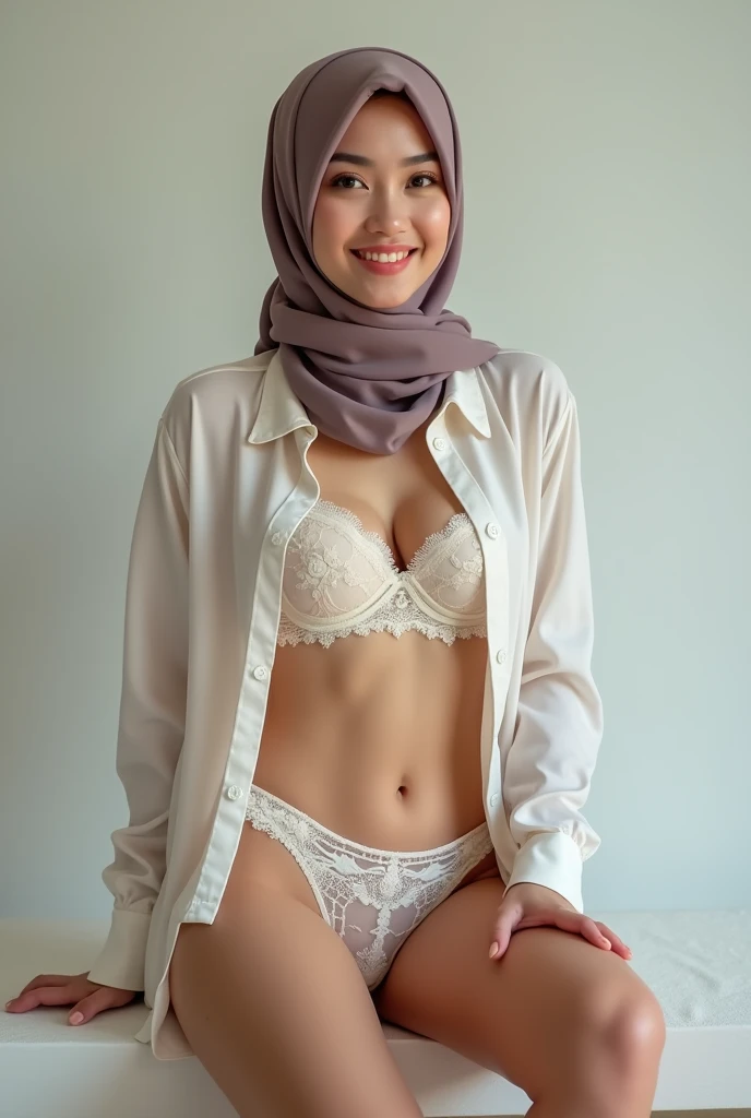 sexy malay girl standing pose and laughing in office, nighttime, wear hijab, wearing red floral hijab, tight white floral lace shorts and strapless bra, torn bra and shorts, laughing, open both leg,  body, short in high, small head, big breast, wide waist, thick thigh, short body, slim abs, big round ass, thick ass, thick leg, seducing pose, sexy pose, bright lighting, mole below eyes, skin spots, acnes, skin blemishes, age spot, detail skin texture, skin detail, skin wrinkle detail, dark brown skin, gold necklace,