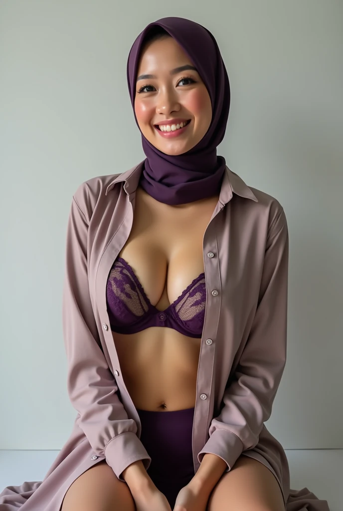 (masterpiece, best quality:1.2), cowboy shot, solo, 1 malay girl, smile, looking at viewer, hand on hip,pastel color hijab, eyewear on head, white floral lace bra, pastel purple trench coat, High Waist Plicated Detail white Suit Pants