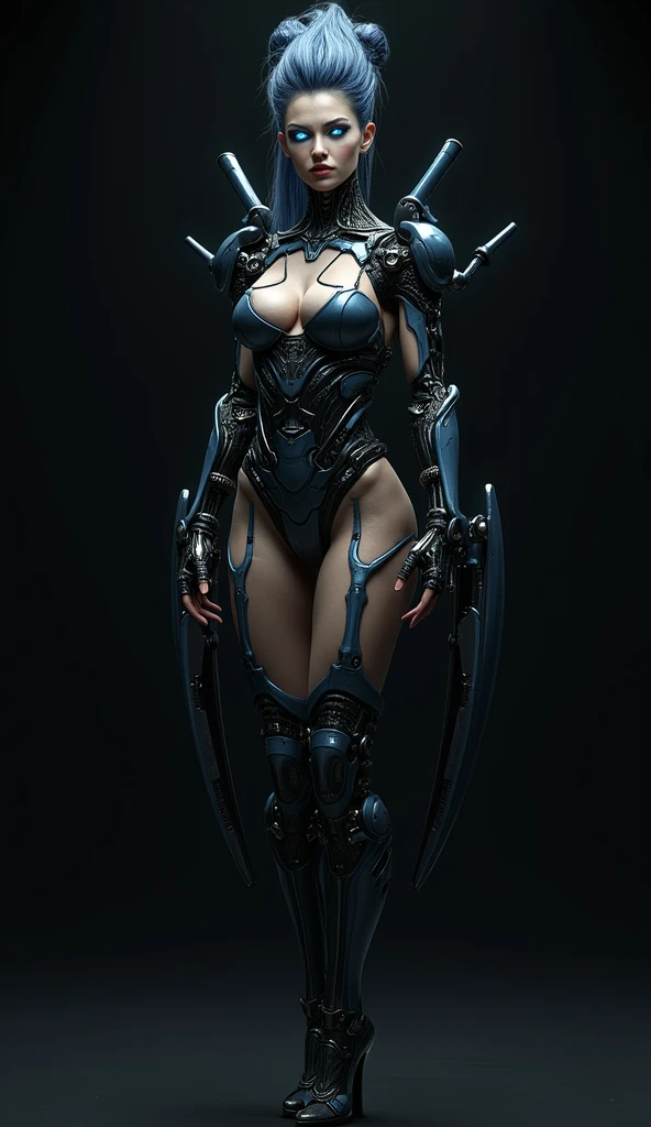 Solo model, physically-based rendering, (girl alone:1.5), (muscular body),(huge fake breast:1.5), street city, slim waist, big buttocks, (Full body:1.3), standing, skintight leggings, (wearing futuristic mecha armor full set crop top:1.5).