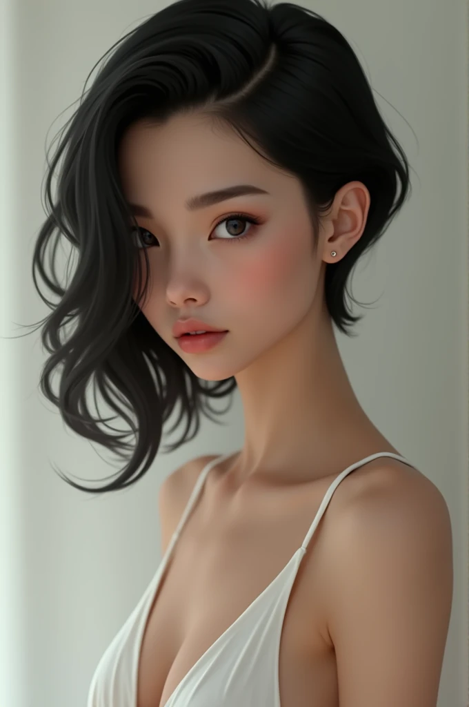 create a teen girl,side view,girl looking at camera,bra,up boobs