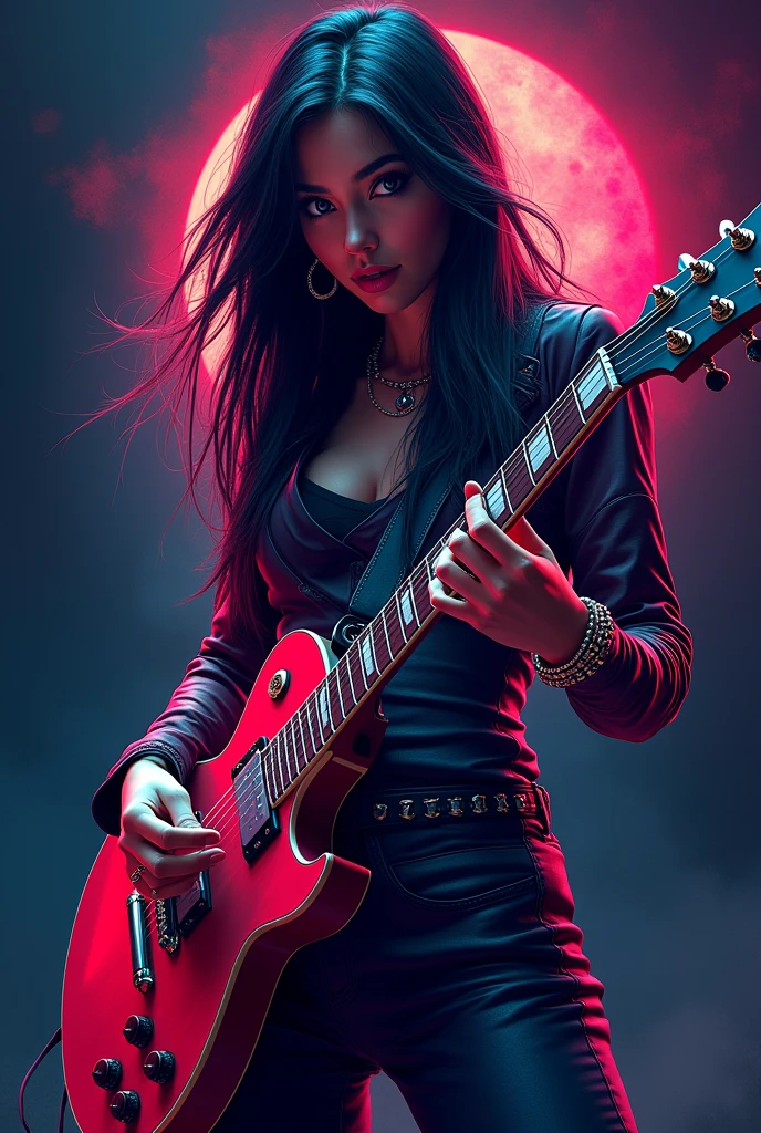European Woman Metal Singer, long black hair, sunglasses, big chest, dark jeans, rivets, pants, belts, plays white and black guitar. full body. explosions behind.