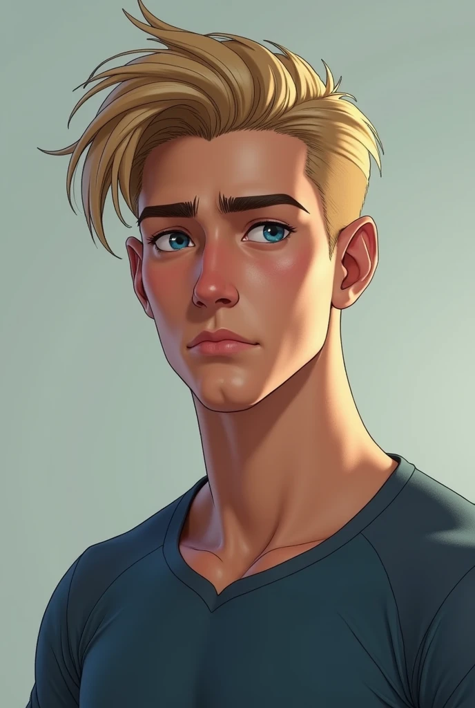 A guy of Italian appearance.20 years old.His eyes are blue, his hair is blond. Sharp facial features, sharp chin.He has a small nose, thin lips, medium eyes.Hair long to the ears.He wears simple clothes, but more sporty in appearance.he has a slightly frowning or serious expression on his face.The character must be drawn. Photo to the waist.Sweet face looks young 