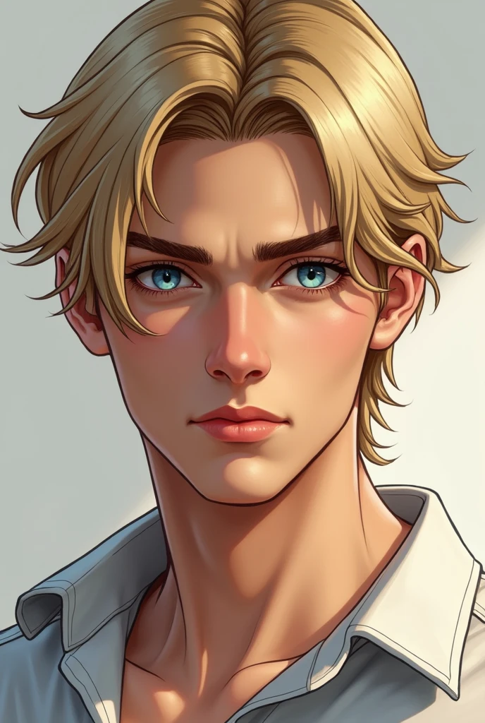 A guy of Italian appearance.20 years old.His eyes are very light blue, his hair is blond. Sharp facial features, sharp chin.He has a small nose, thin lips, medium eyes.Hair long to the ears.He wears simple clothes, but more sporty in appearance.he has a slightly frowning or serious expression on his face.The character must be drawn. Photo to the waist.Sweet face looks young.He has cheeks