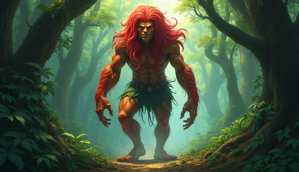 The Curupira from Brazilian folklore, standing 1.80 cm tall, has human-like features with feet turned backwards and red, bristling hair.