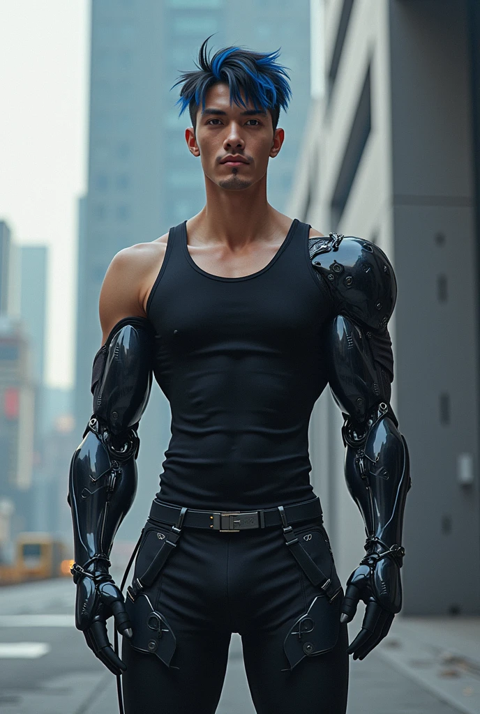 a handsome young male, 18 years old, {{{tanned skin}}}, {{{black hair}}}, {{{green eyes}}}, {{{athletic and well-defined body}}}, { {{with a fully mechanical arm}}}, {{{without a shirt}}}.