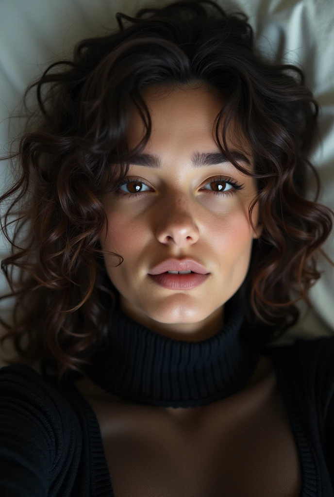 photograph, raw photo, beautiful 29 yo persian-russian girl [Vladlena Farideh|Anahita Oksana], just woke up, take a selfie in bed, see-through black night gown, thick, curly hair, detailed skin texture & pores, (goosebumbs:0.7), looking at viewer, closeup, film grain