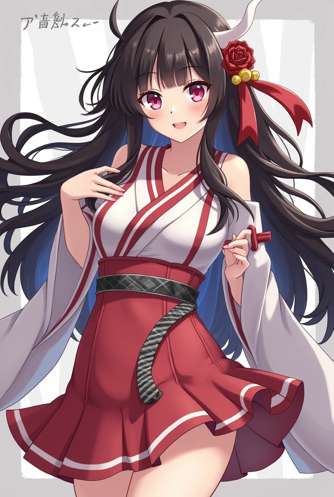 best quality, masterpiece, highres, solo, {white kimono:1.35}, {red hakama:1.35}, {wide sleeves:1.20}, {shigure_azurlane:1.15}, animal_ears, long_hair, black_hair, red_eyes, breasts, wolf_ears, blush, ponytail, smile, fang, medium_breasts, bangs, open_mouth, tail, animal_ear_fluff, wolf_tail, nail_polish, collarbone, ribbon