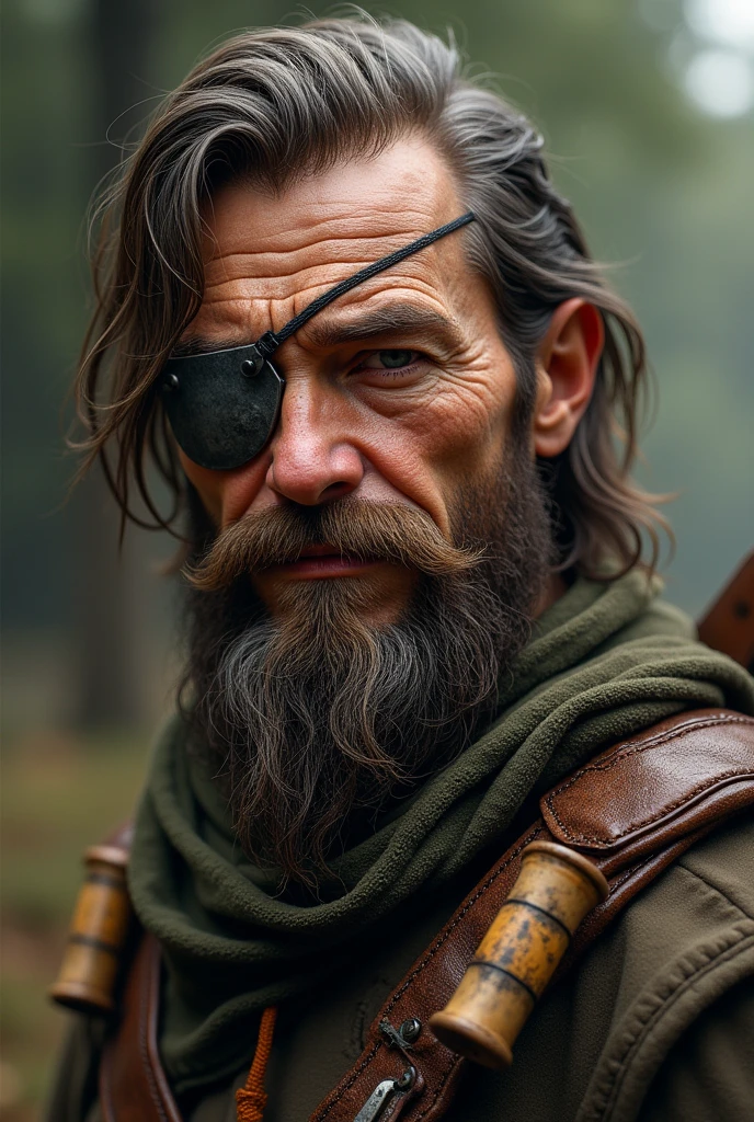 Big Boss da série metal gear. with 50 years, eye patch, bandana and cigar, close no rosto , make it realistic