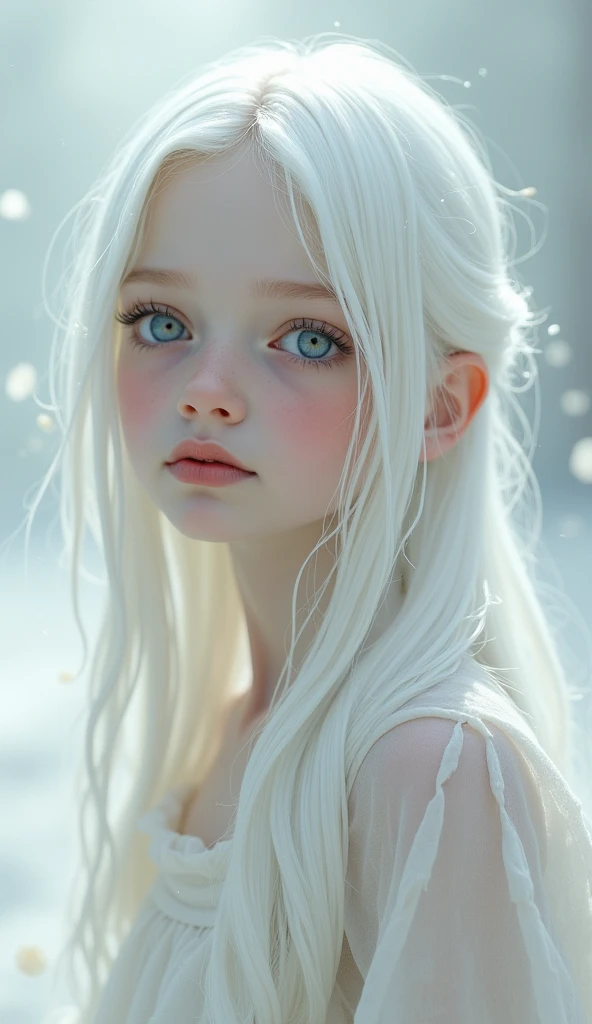 (((White Background:1.3)))、(((1 albino girl、Cute Face、pretty girl))), 16 years old,(((The eyes are white:1.3)))、White Dress、((White shirt:1.3、White Block Dress)), Tyndall effect, Realistic, Shadow Studio,ultramarine、illumination, Dual tone illumination, (Skin with attention to detail: 1.2)、薄Dark illumination、Dark illumination、 photograph, High resolution, 4K, 8k, Background Blur,Beautiful fade out、White world、White Background