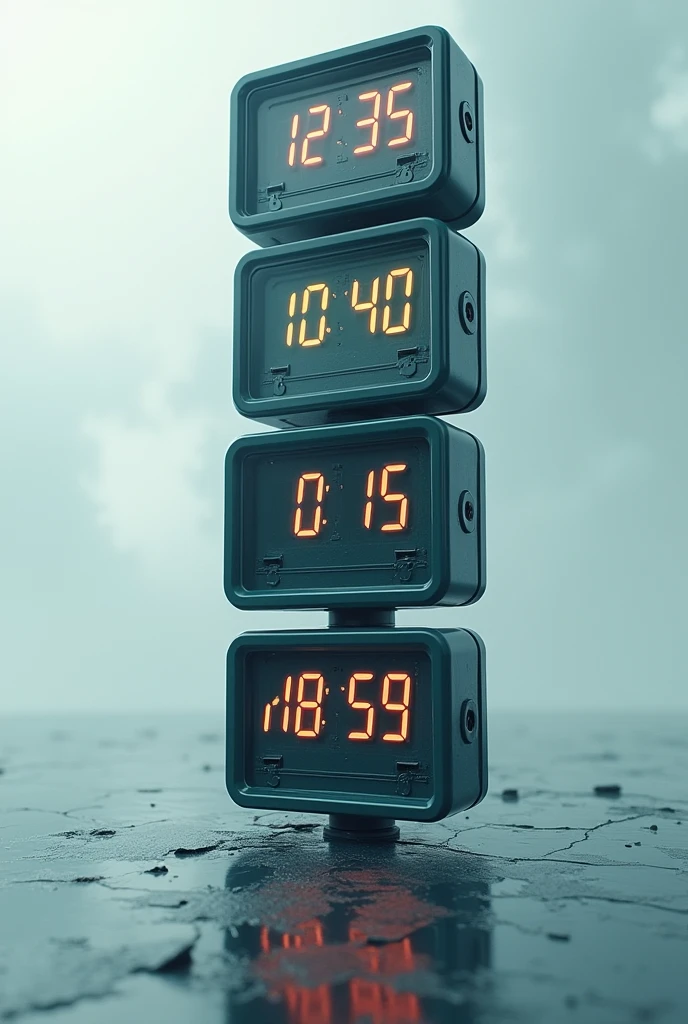 Create an image with 5 digital clocks one under the other that mark 12:35, 10:40: 1:15: 4:59, 8:20