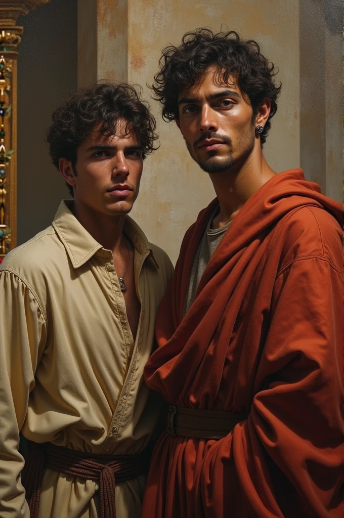 Create an artwork featuring two beautiful young men, 15-year old, styled in the manner of the frescoes of the Minoan civilization."