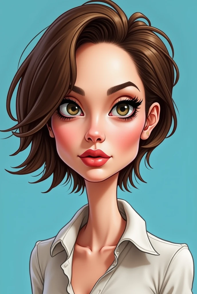 Realistik Karikatur,A woman, short shoulder length hair with slightly wavy hair and side parting like a TV presenter style, cartoon style with normal eye proportions, cute and young face shape, Light brown eye color, 17 year old facial proportions, normal and not large nose proportions, brush strokes on the hair, wearing a formal women's shirt with a collar on the neck, light brown shirt, Semi-caricature result with big head and , plain grey background, blue glow art light, hair and shoulder glow art light effect