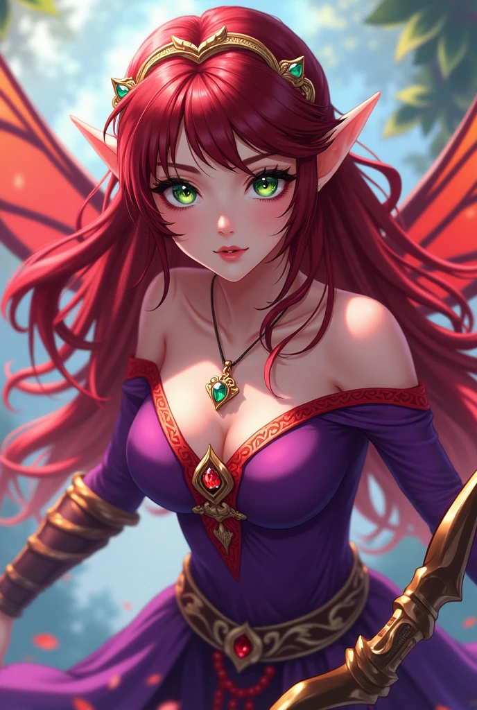 A fairy with long burgundy hair, wearing a sexy outfit, sexly, of pink flowers, your wings are burgundy, she is in a forest, detailed
