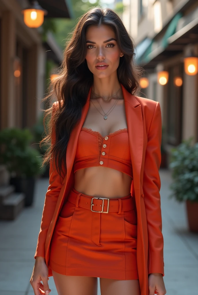 "Against the backdrop of a bustling metropolis, our model exudes confidence in a bold crimson pantsuit, her eyes sparkling with intrigue. With a confident stance and a subtle smile, she effortlessly commands attention. The carefully chosen angle captures her essence, while vibrant colors breathe life into the scene. Prepare to be enchanted by her magnetic presence and timeless elegance."