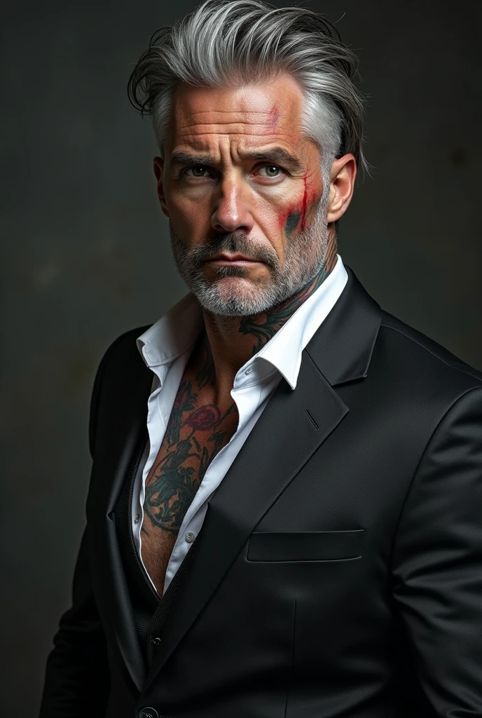 Tattooed 36-year-old male , very muscular, smoking white skin and dark hair with gray hair and scars, with a challenging and dominant look , sexist , toxic and abusive , with formal clothes, bleeding, long and short hair and scars on his unbearded eye . Big cock