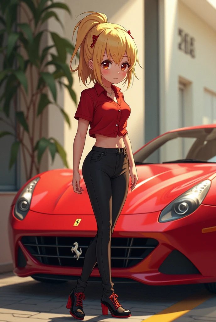 1 beautiful race queen in front of a race car, parasol, separate costume, bangles on arms, shimmering summer sun background, anime style, full body view, long attractive legs, high heels