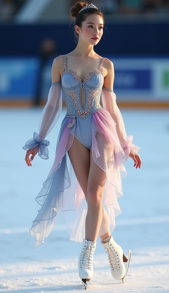 make a figure skating costume that is modest . my vision is an asymmetric costume with an open back , long translucent and loose sleeves to give off a more soft look when gliding on ice , a sweetheart corset with a grey-ish blue to dusky pink fade embedded with tiny jewels and a ribbon on the upper chest that ties the string connecting the sleeves to main costume . the skirt is a loose skirt with a small one layer cut on the right thigh showing the inner layers of the skirt , the ruffles are shaped like flower petals and the color fades from dusky pink to white and grey-ish blue accents to give off a 'fading away' look . white tights with subtle floral patterns and a grey-ish blue ribbon tied on the left upper thigh . there's also grey-ish blue translucent bridal gloves that are embedded with rose gold gemstones . the girl's features are soft doll like round eyes with dark olive green irises. heavy eyelids and natural aegyosal. her hair is a dark honey brown color and full bangs until her eyebrows it is put in a bun with a simple accesory. she's tall and slim with a slender hourglass body, short torso with long and slim legs with slender arms and flat stomach. delicate porcelain colored skin with light freckles. she has a mole on her bottom right eye and lighr freckles scattered across her nose and cheeks. she also has dimples.