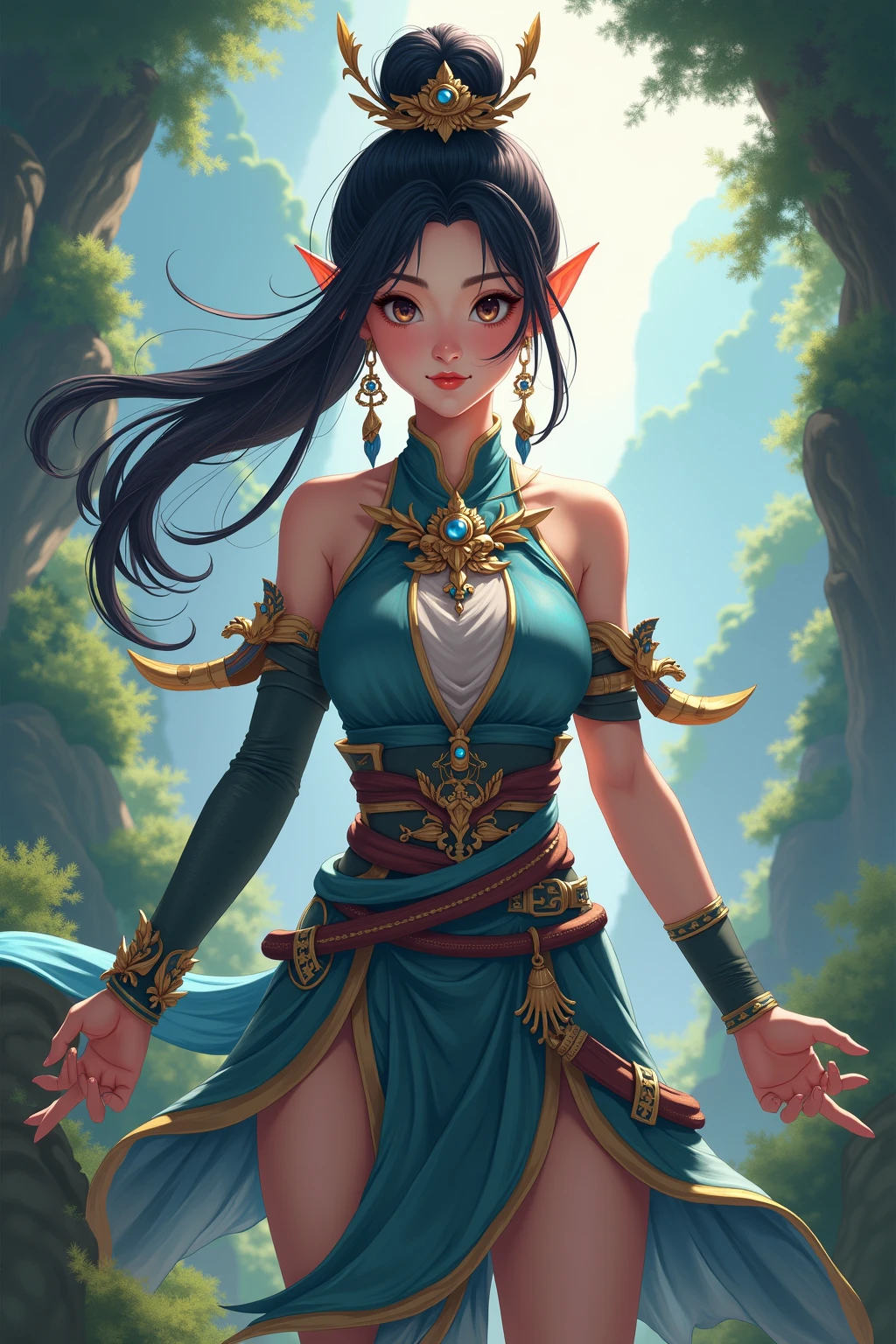 Ying,pointy ears,black hair,ponytail,black eyes,
standing,bare shoulders,dress,hair ornament,jewelry,gem,cleavage cutout,
smile,teeth,
lake,waterfall,morning,
(insanely detailed, masterpiece, best quality),<lora:YingPL:0.8>,