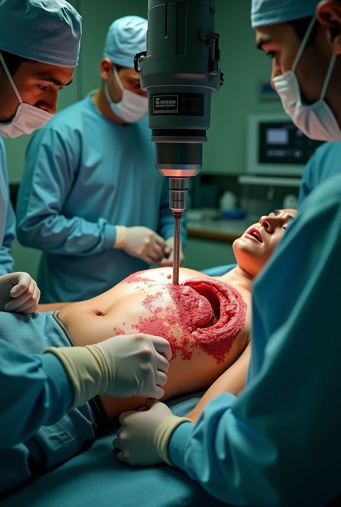 Japanese woman being vivisected, 20-year-old, operating table, laparotomy, During surgery, The most beautiful woman, The horrific treatment room, Evisceration, Highest quality, masterpiece, Ultra-high resolution, (Realistic:1.4), RAW Photos, (Real skin texture:1.3), (Film Grain:1.3),