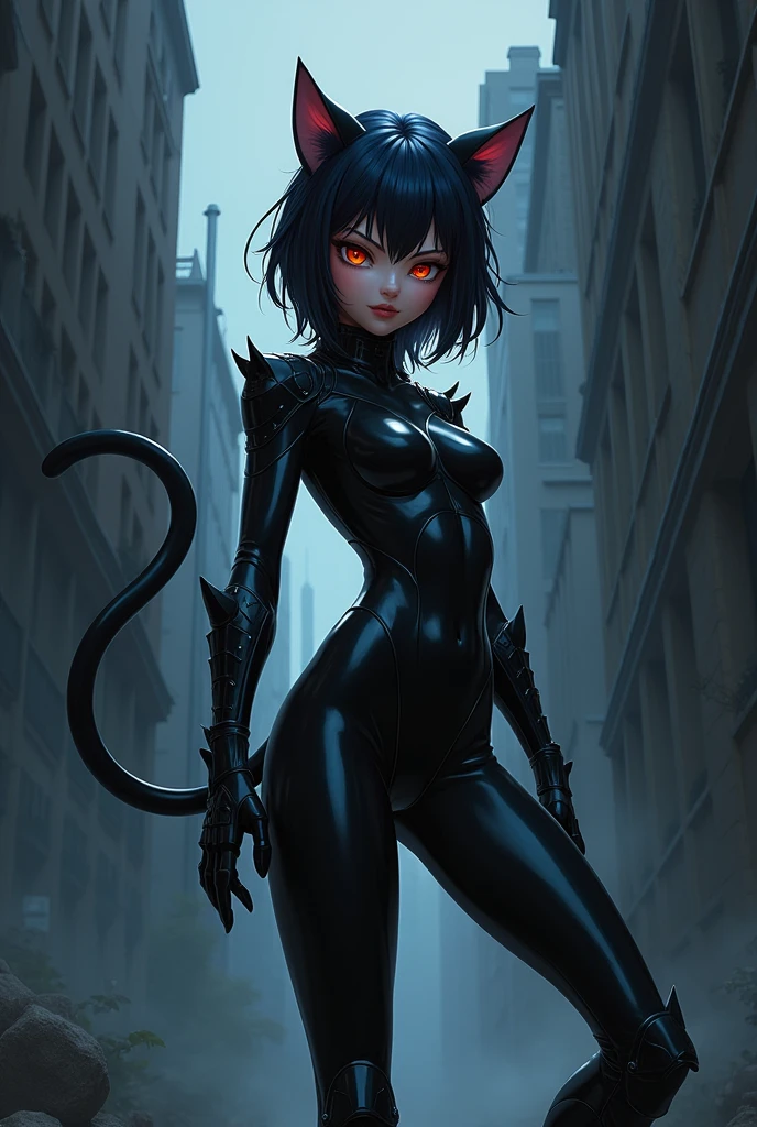 In this breathtaking anime-style masterpiece, a super detailed depiction of a cat woman is showcased. The athletic character is seen wearing sleek leather clothing, gracefully jumping between buildings with flawless precision. The artist has paid meticulous attention to every aspect of the composition, ensuring a perfect silhouette that captures the essence of the character. The face correction is executed flawlessly, highlighting the character's unique features while maintaining the integrity of the art. It is worth noting that the character is not appearing nude, adhering to the boundaries of tasteful representation.