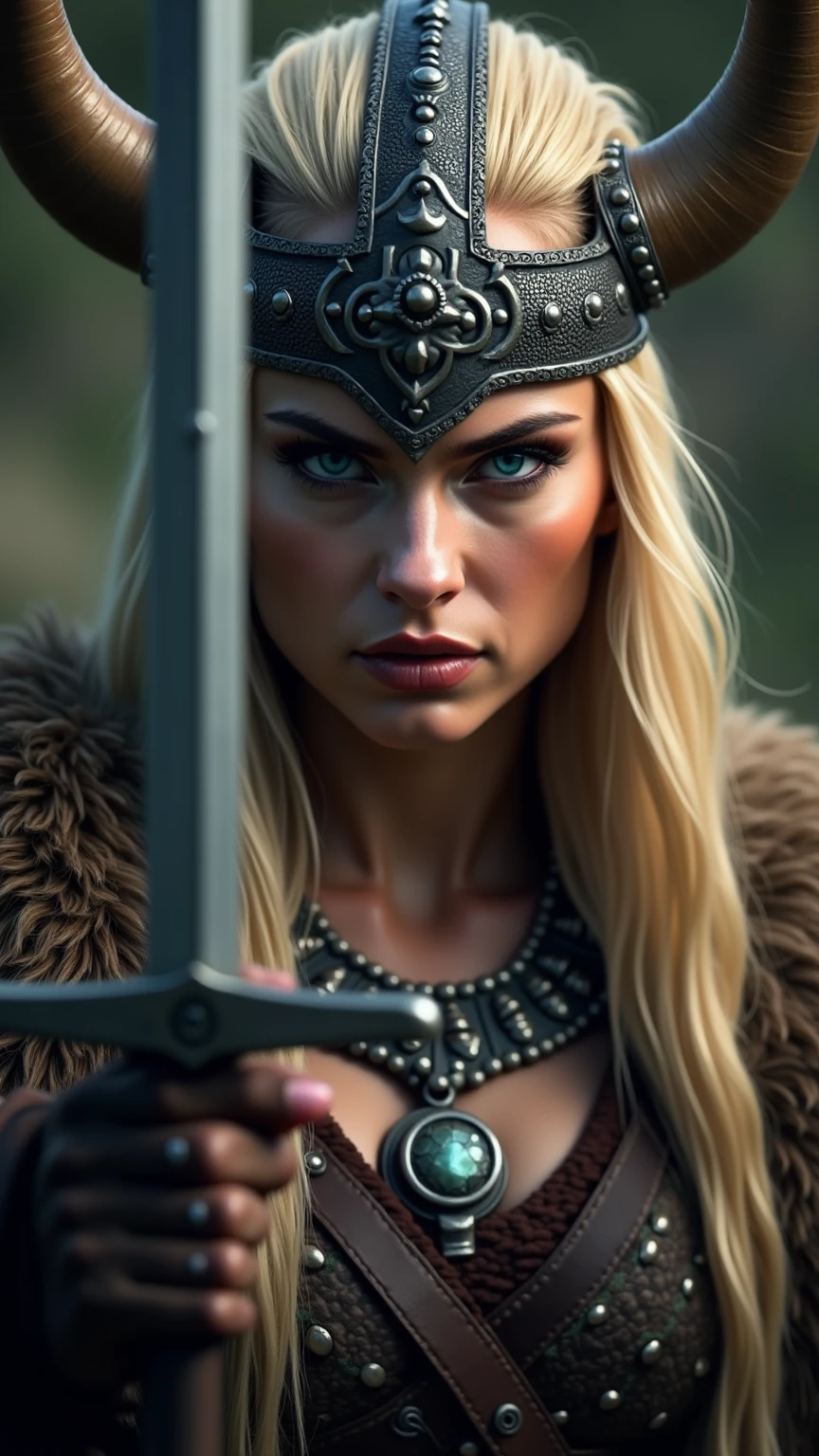 Close up viking warrior with sword in hand, blue colored eyes, pretty, viking makeup, sword close to the face, tiara on head , necklace on the neck