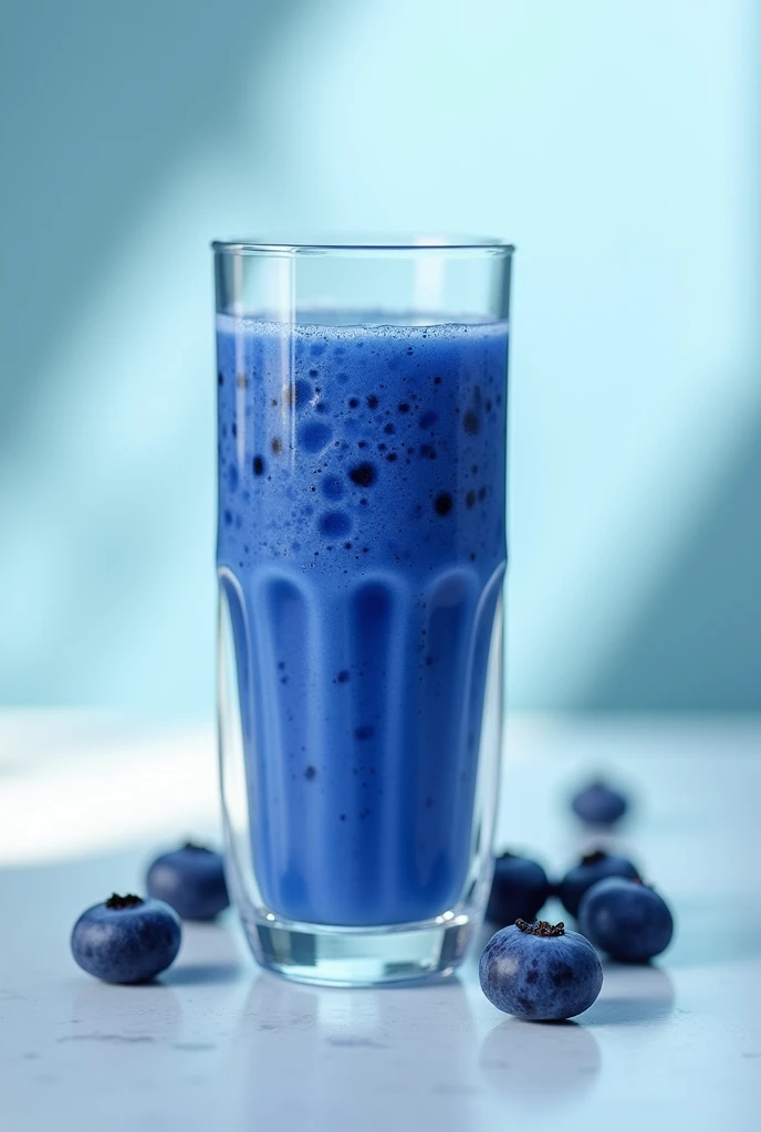 Product photography, creative composition, ultra-wide angle, under the background of the white table, glass bottles on the table, ice, charming sunlight has a beautiful reflection on the drink, bright, ultra-realistic details, HD 4k, blueberries ,lemons,blood orange