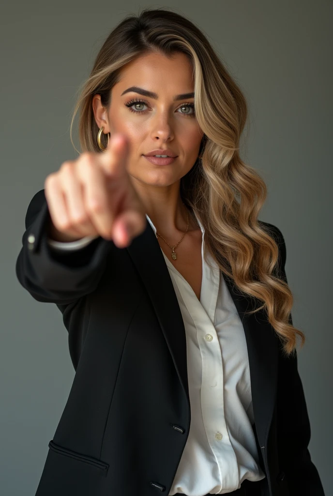 A realistic photo of beautiful italian business woman with professionnal black skirt suit, light makeup, long straight dark blonde hair, high quality, very detailed, perfect fit,