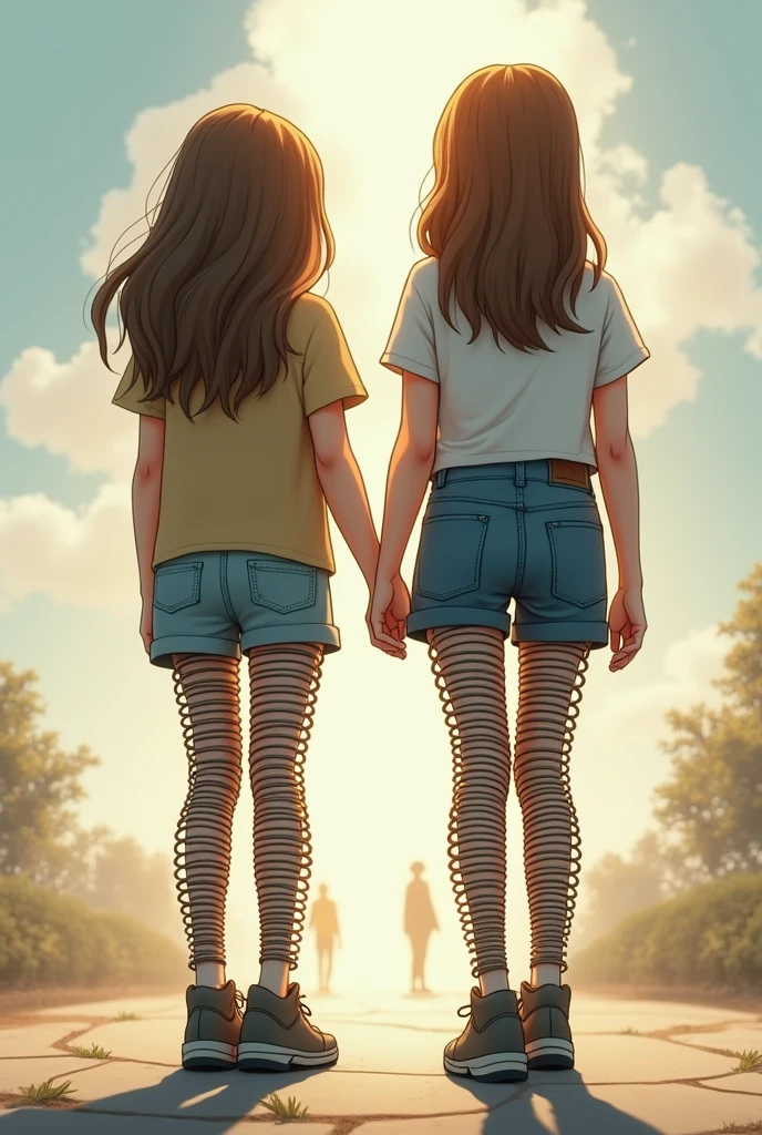  40-year-old mother ,  con -yeld sond 18-year-old daughter,  sleeveless t-shirt,  Bermuda , All three have their hands behind their backs , chained, rear view, anime, walking,  embarrassed 