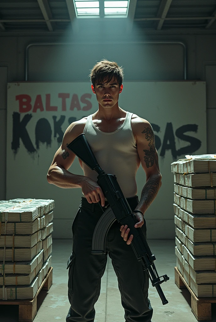 Generate a picture of 4 men and Each one are holding guns . The upper part of all of them are naked and They have their self name tatoo on their chest. The leader name is Toxic 01 and other three names are Toxic 03 , Toxic 00 , Toxic 08. All names tatoo should clearly visible. They all are standing in front of a old blue dacia car . BGMI PARTNER are printed on car front bonate. This are are situated in infected area.