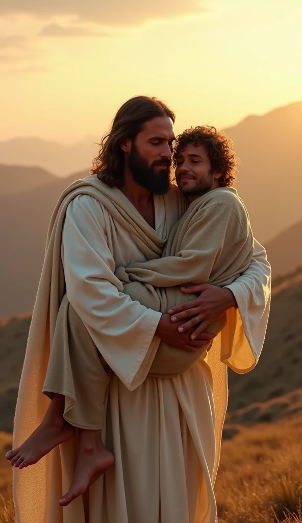 You could create Jesus Christ from behind hugging a young man with curly hair, with a brown sand colored cap, an orange jacket with a hood , A terracotta-colored Bermuda shorts and white Nike for Wan shoes Looking at a path with many obstacles that at the end has a very radiant light