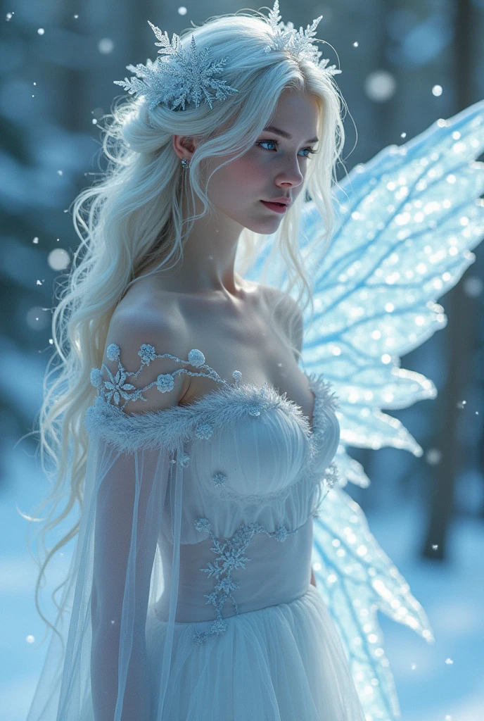 inspiration winx, a fairy with long wavy white hair, controls snow, cold and ice, golden eyes and a silver diadem on her head