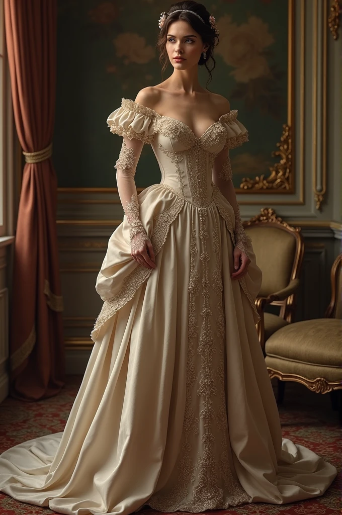 A beautiful Aristacrat woman with large elegant, hawk-like-nose, who embodies old fashioned class, sophistication, elgance as well as wholesome, natural beauty. curvy, thin-waist, wide-hips, swaying-hips. ALison Brie, Scarlett Johanson, Selena Gomez. Oppulent historically accurate victorian dress.