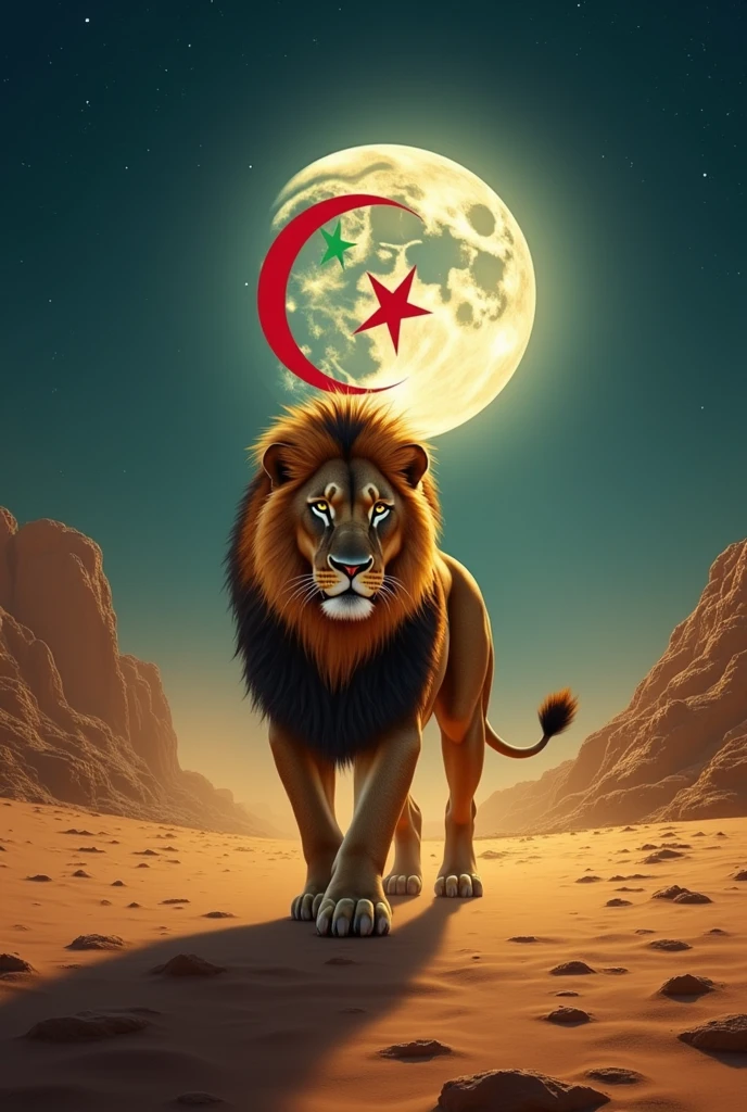 From the Great Lion of the Algerian Desert With the Algerian flag towards white the crescent moon the blood red star between the two in the desert