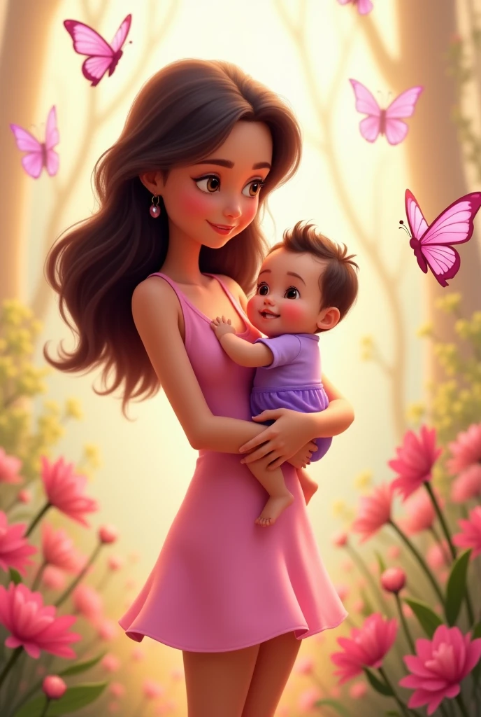 a close-up of a mother holding her baby in her arms walking through flowers, humanoids covered in flowers, flowers grow from the body, walking along a walkway full of flowers, parade gracefully along a path full of flowers, Baby in mother's lap, expressive and captivating eyes with perfect movements, perfect lively and captivating eyes. still animation film, animated film, animated film still, animated film, animated film, animated film.  whimsical art, mom with her baby. Baby in mother&#39;s arms gracefully parades along flower-filled path. Move your head forward, looking straight ahead,  Fluid and very romantic models. Lively and captivating look, perfect movements. Flawless style and perfect fit, high quality costume, cute outfit, impeccable appearance!!! 