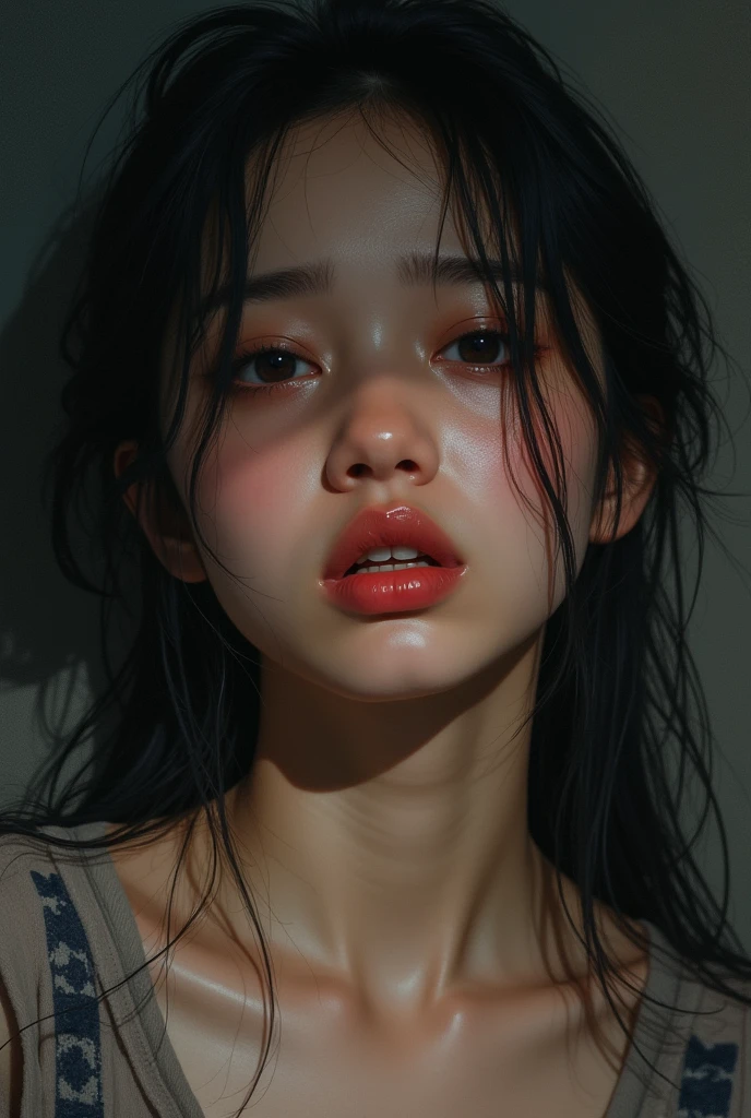 a full face of a indonesian woman's wet face, a hyperrealistic painting, inspired by Sam Spratt, featured on zbrush central, hyperrealism, ultra realistic 3d illustration, sweating intensely, photo realistic image, covered in water drops, hyperrealistic movie filmstill, in style of photorealism artist, portrait of ultra realistic, morning. hyperrealism, sweaty wet skin