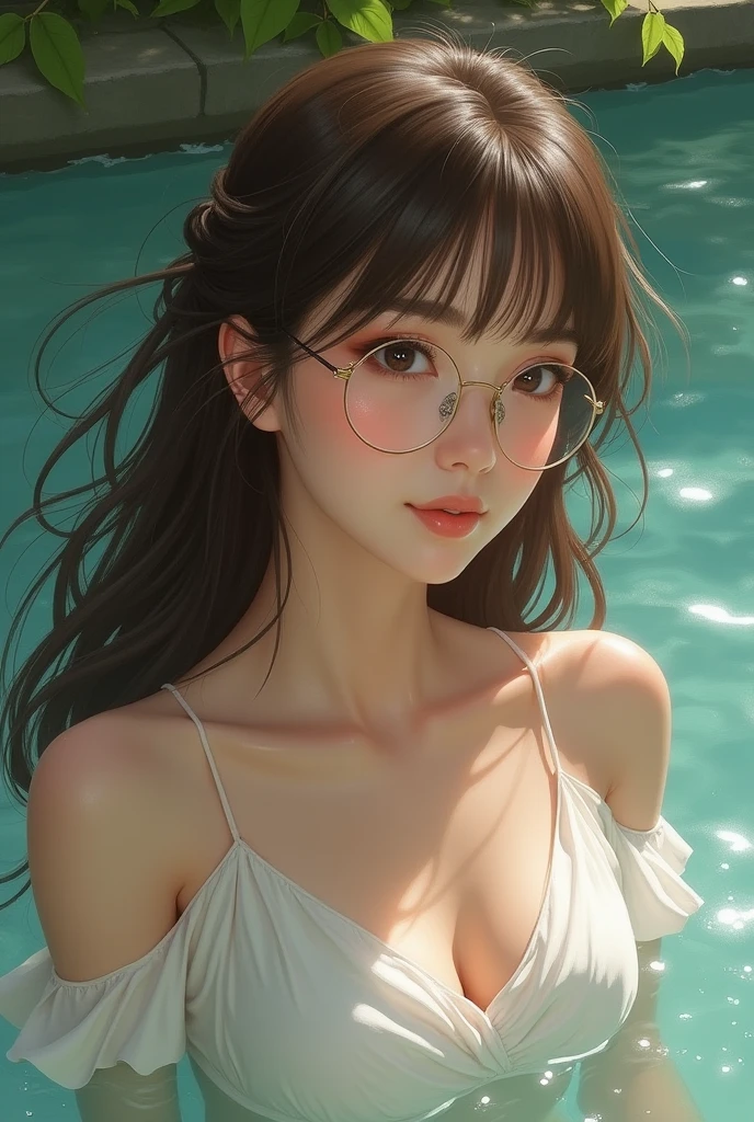 highest quality, RAW Photos, Realistic, face, Incredibly beautiful girl, cute, length Hair,ponytail,Glasses,Written boundary depth, High resolution, Super detailed, detailed, Very detaileded, extremely detaileded eye and face, Sharp pupils, Realistic students, Sharp focus, Cinema Lighting, Japanese, Short Woman, Physical build, Short arms, length, Narrow eyes, Fleeting atmosphere, 30 years old, Brown bob hair, ((thin lips)), White top and bottom underwear, masterpiece, highest quality, Detailed skin, Detailed face, fine grain, 8k, Excellent anatomy, Upper body portrait,flat breasts, small breasts, small,( small bust: 1.2), small bust, (slim, small, flat, small), thin, Delicate and sexy collarbone, One Girl, (beautiful girl, Delicate girl:1.3), (:1.3),
break, (One Piece Swimwear, Swimwear:1.2),
break, (Pool:1.3),
break, Very beautiful eyes, (Symmetrical eyes:1.3),
break, , Brown eyes, Parted bangs, Brown Hair, (Upper teeth, The best smile:0.2),
break, (Eyes and face detail:1.0),
break, (masterpiece, highest quality, Super detailed, Detailed face, 8k)