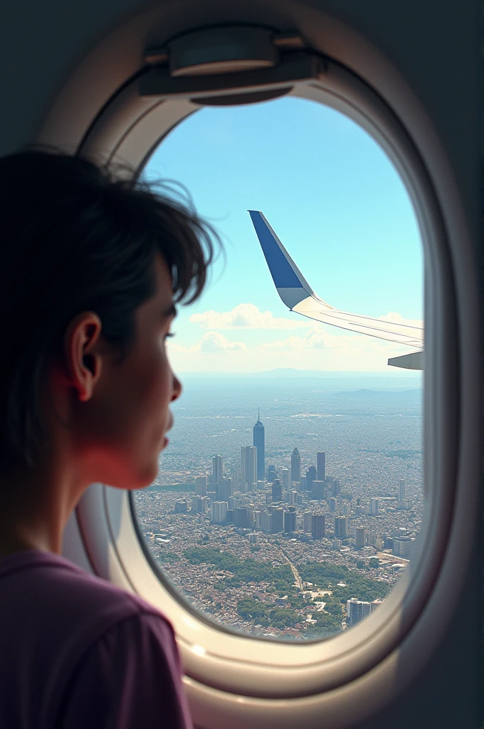 At an altitude of three thousand meters，16-year-old beauty sitting by the window of an airplane，Bird's eye view of the entire city of Guangzhou